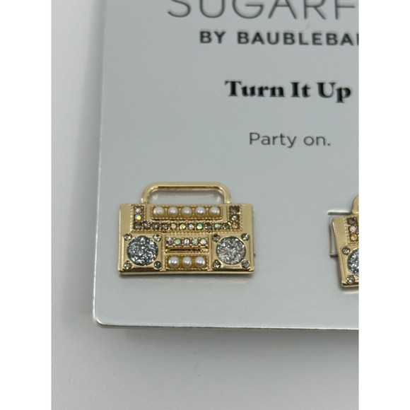Sugarfix By Baublebar Earrings Boombox Party "Turn it Up" Rhinestones Gold Tone - Picture 2 of 7